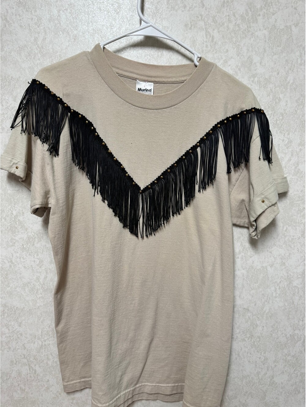 Vintage 90s Murina Tan Western Studded Black Fringe Tee - Large
